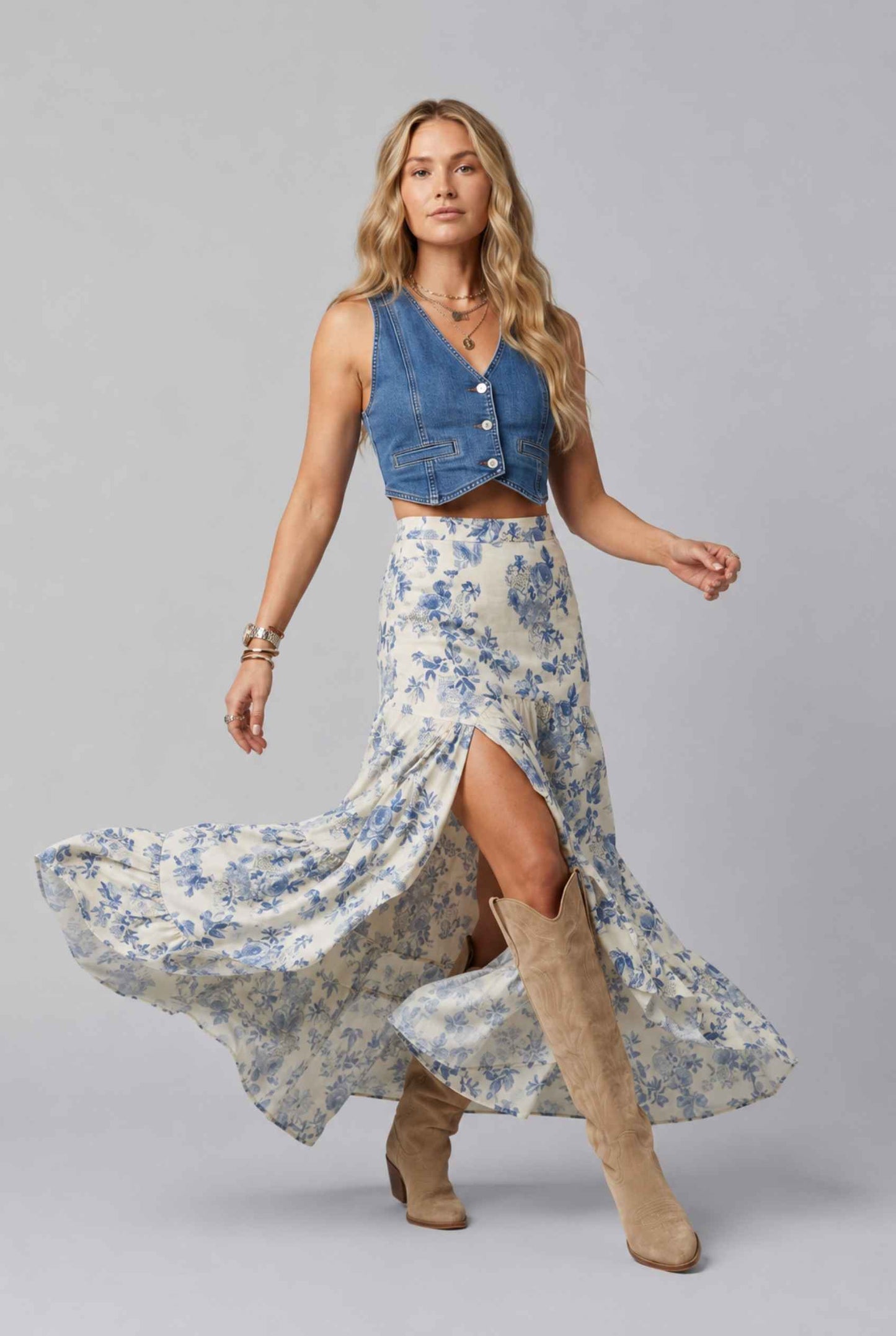 Virtual Model wearing The Sonora Ruffle Skirt Blue Floral Flowy Skirt