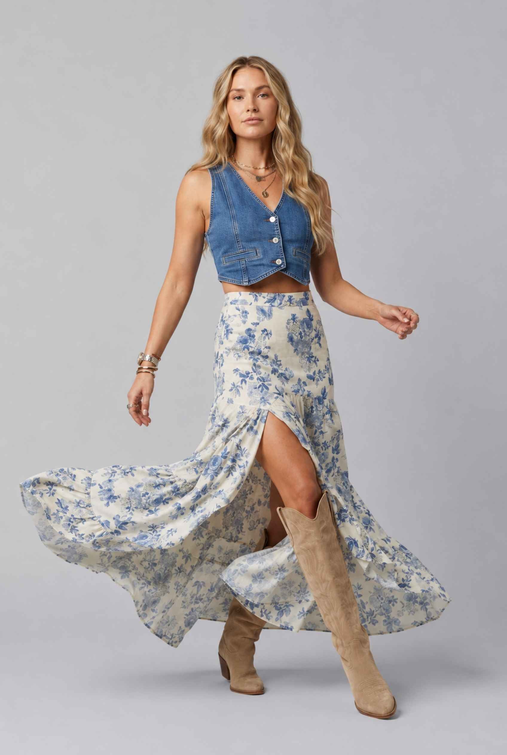 Virtual Model wearing The Sonora Ruffle Skirt Blue Floral Flowy Skirt