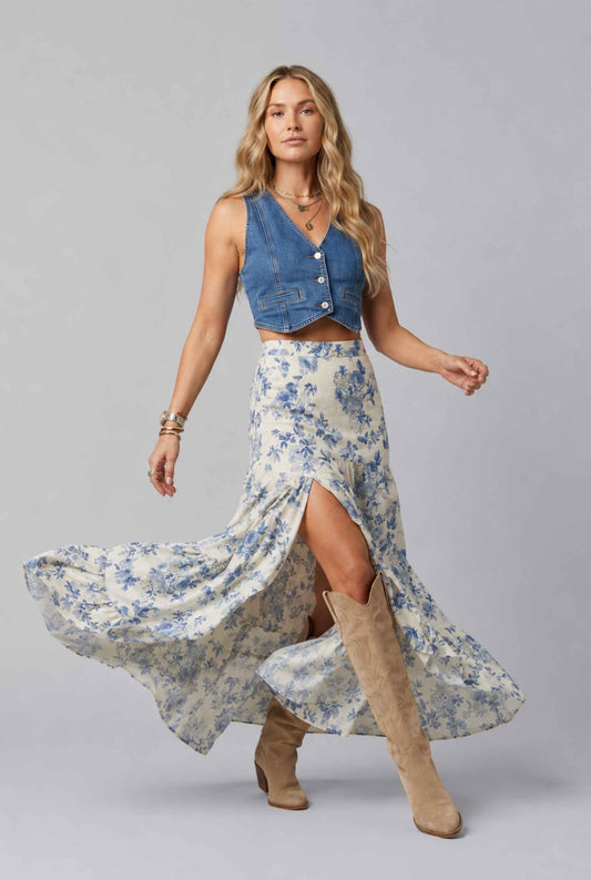 Virtual Model wearing The Sonora Ruffle Skirt Blue Floral Flowy Skirt