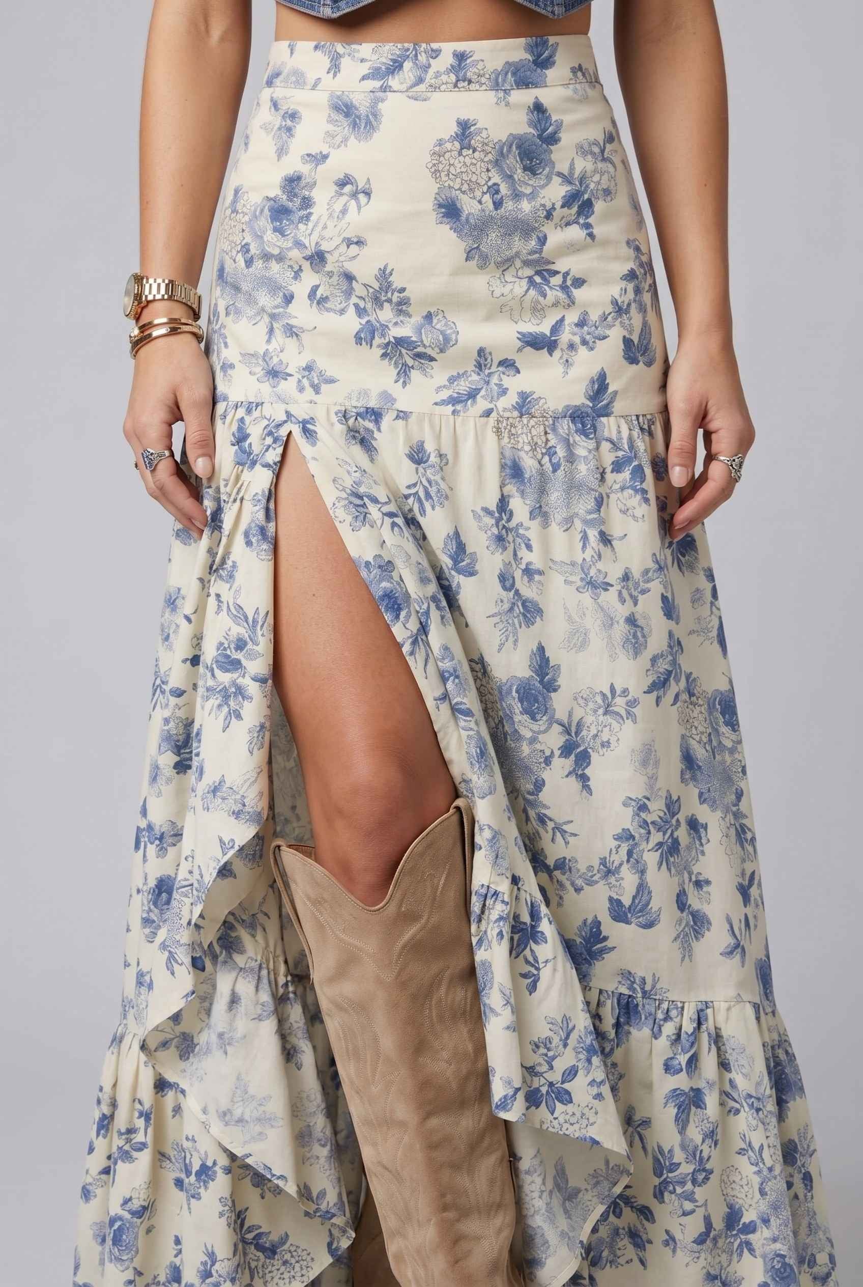 Virtual Model wearing The Sonora Ruffle Skirt Blue Floral Flowy Skirt