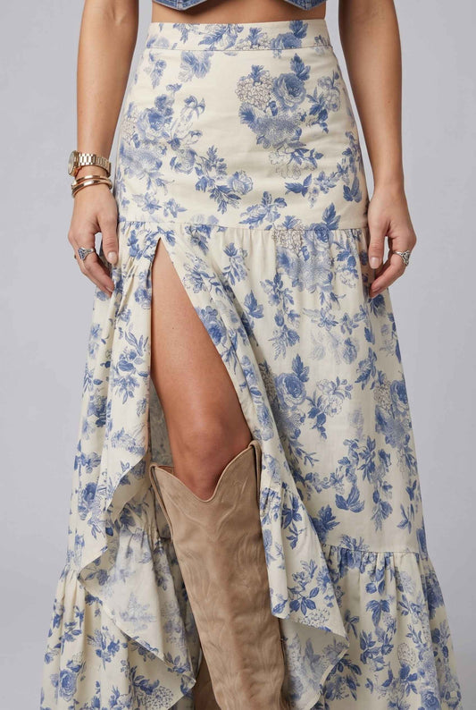 Virtual Model wearing The Sonora Ruffle Skirt Blue Floral Flowy Skirt