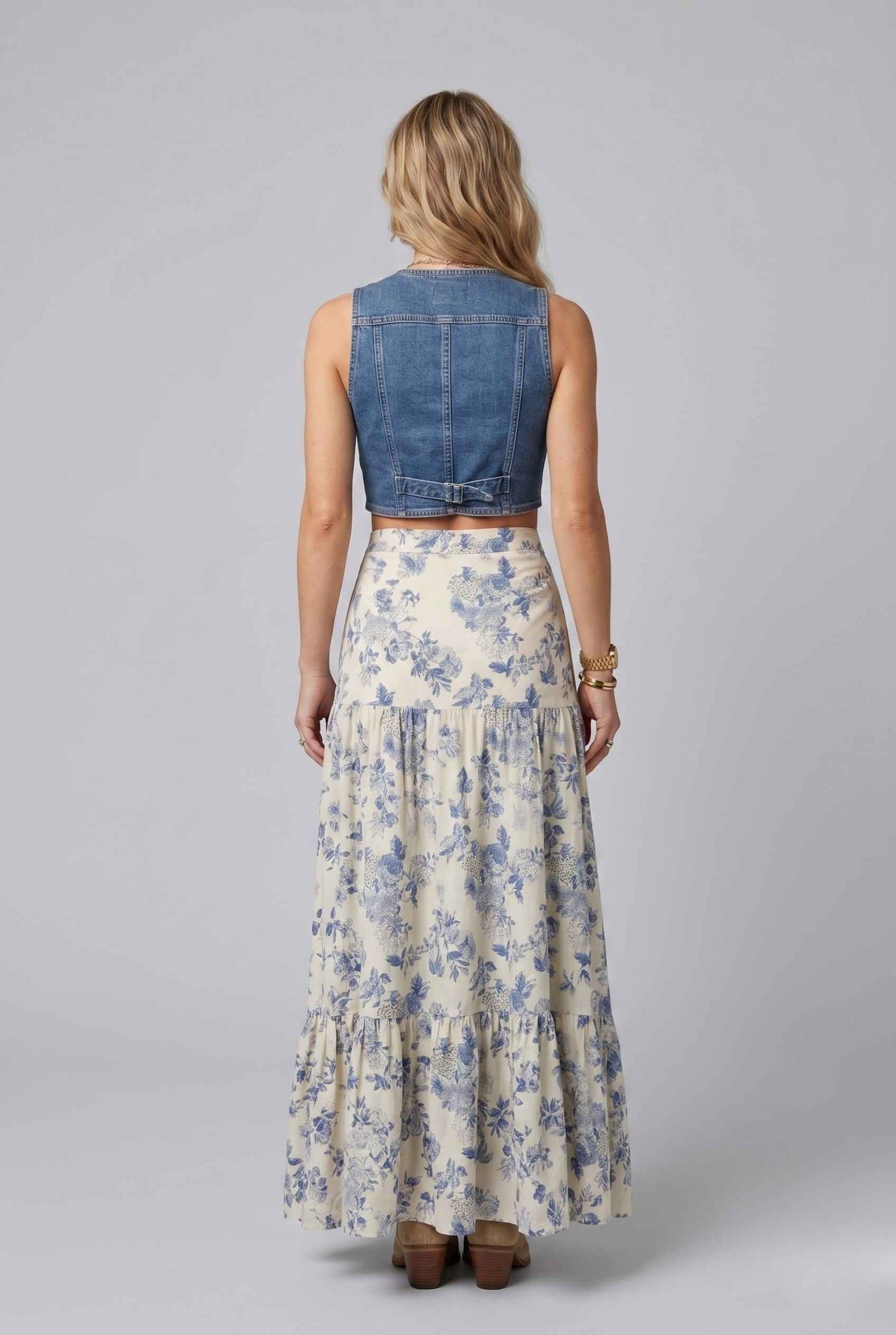 Virtual Model wearing The Sonora Ruffle Skirt Blue Floral Flowy Skirt