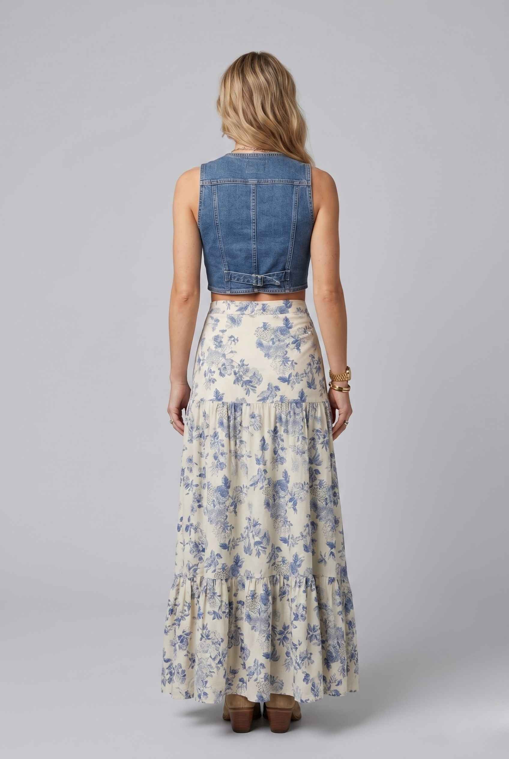 Virtual Model wearing The Sonora Ruffle Skirt Blue Floral Flowy Skirt