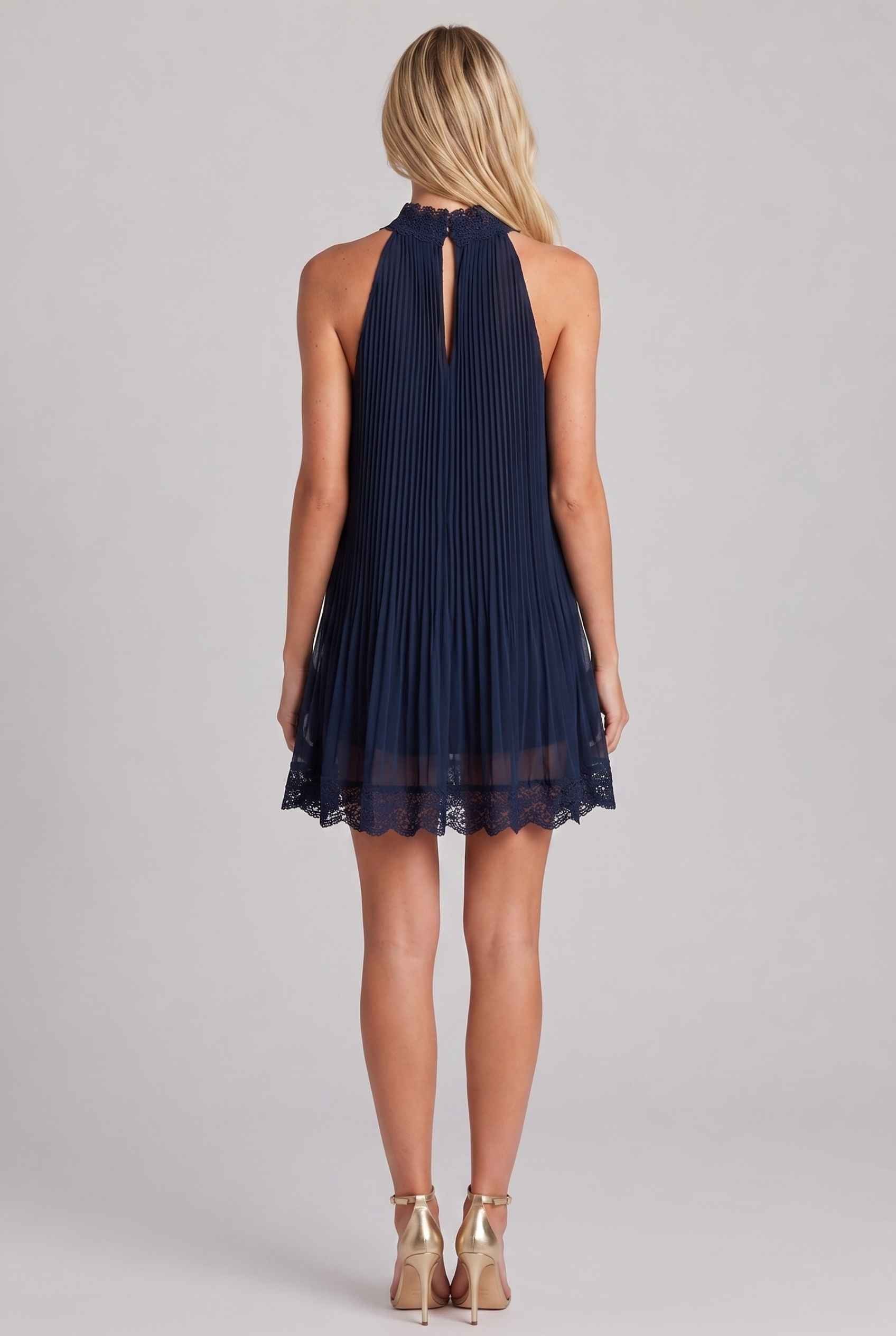 Virtual Model wearing The Stella Swing Dress Navy Pleated High-Neck Dress with Lace Trim