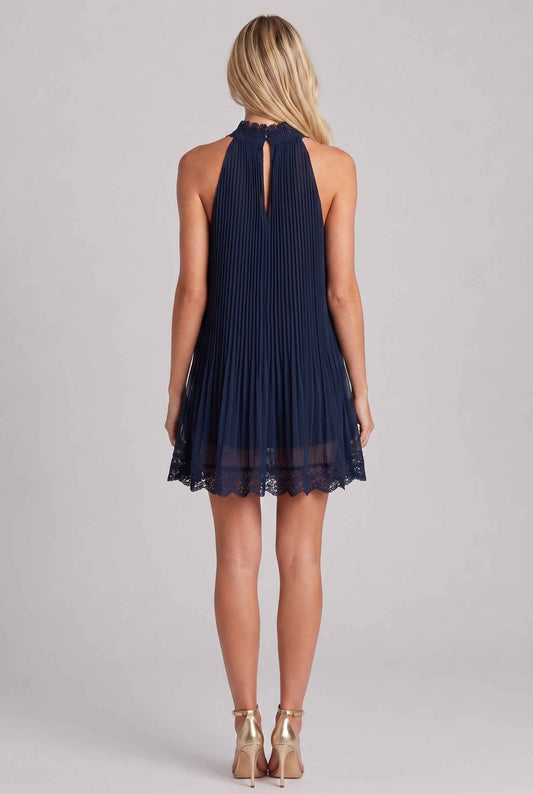 Virtual Model wearing The Stella Swing Dress Navy Pleated High-Neck Dress with Lace Trim