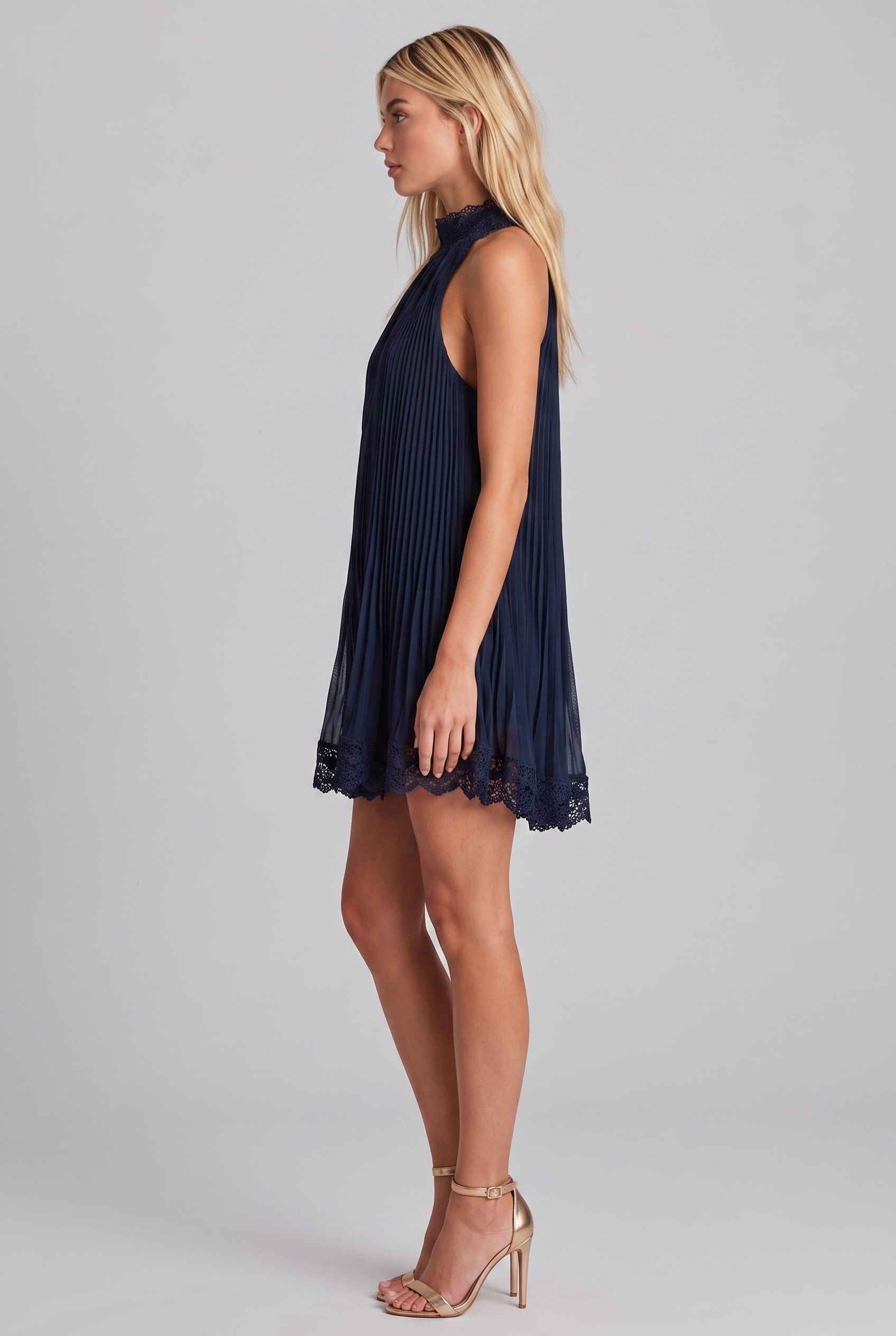 Virtual Model wearing The Stella Swing Dress Navy Pleated High-Neck Dress with Lace Trim