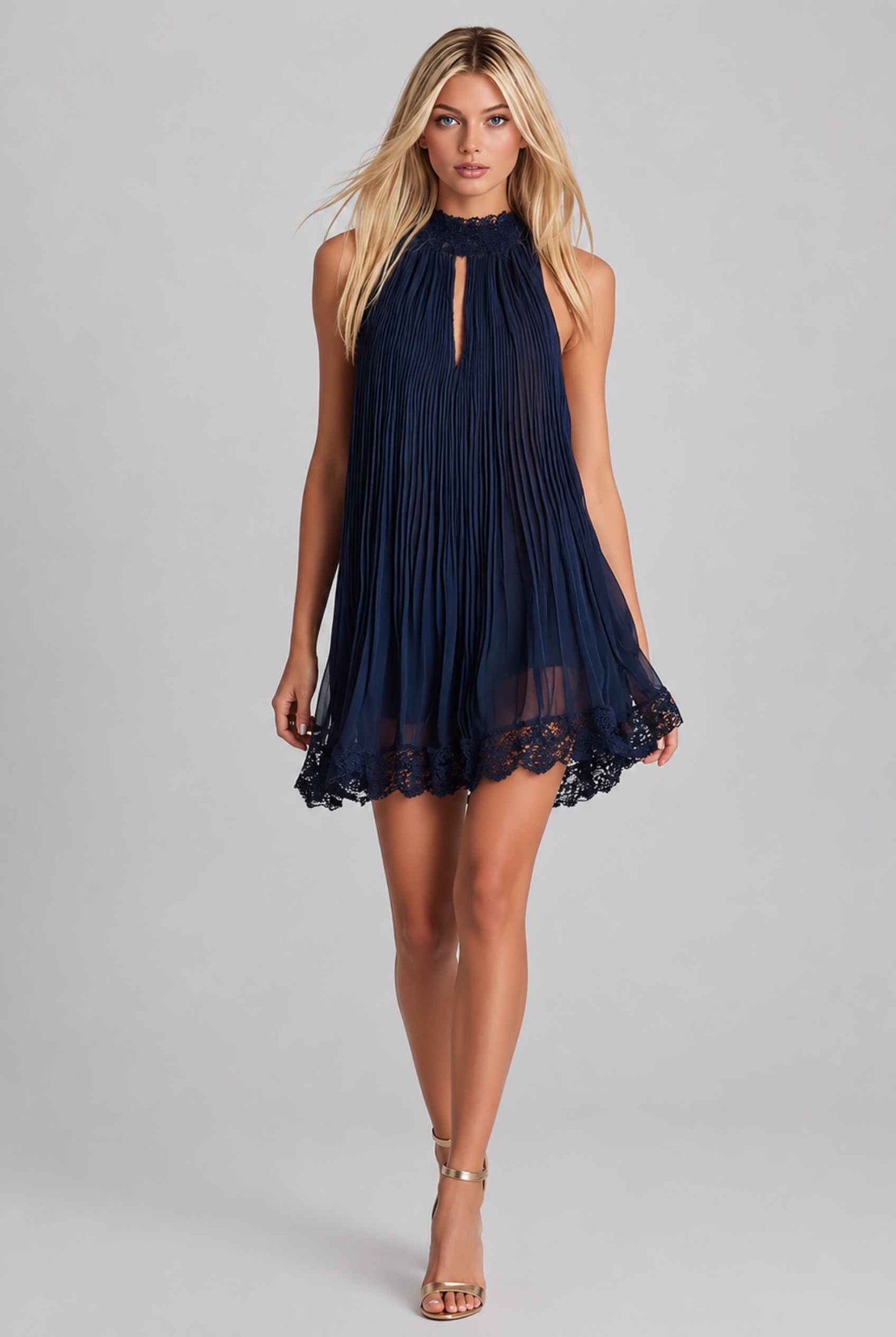 Virtual Model wearing The Stella Swing Dress Navy Pleated High-Neck Dress with Lace Trim