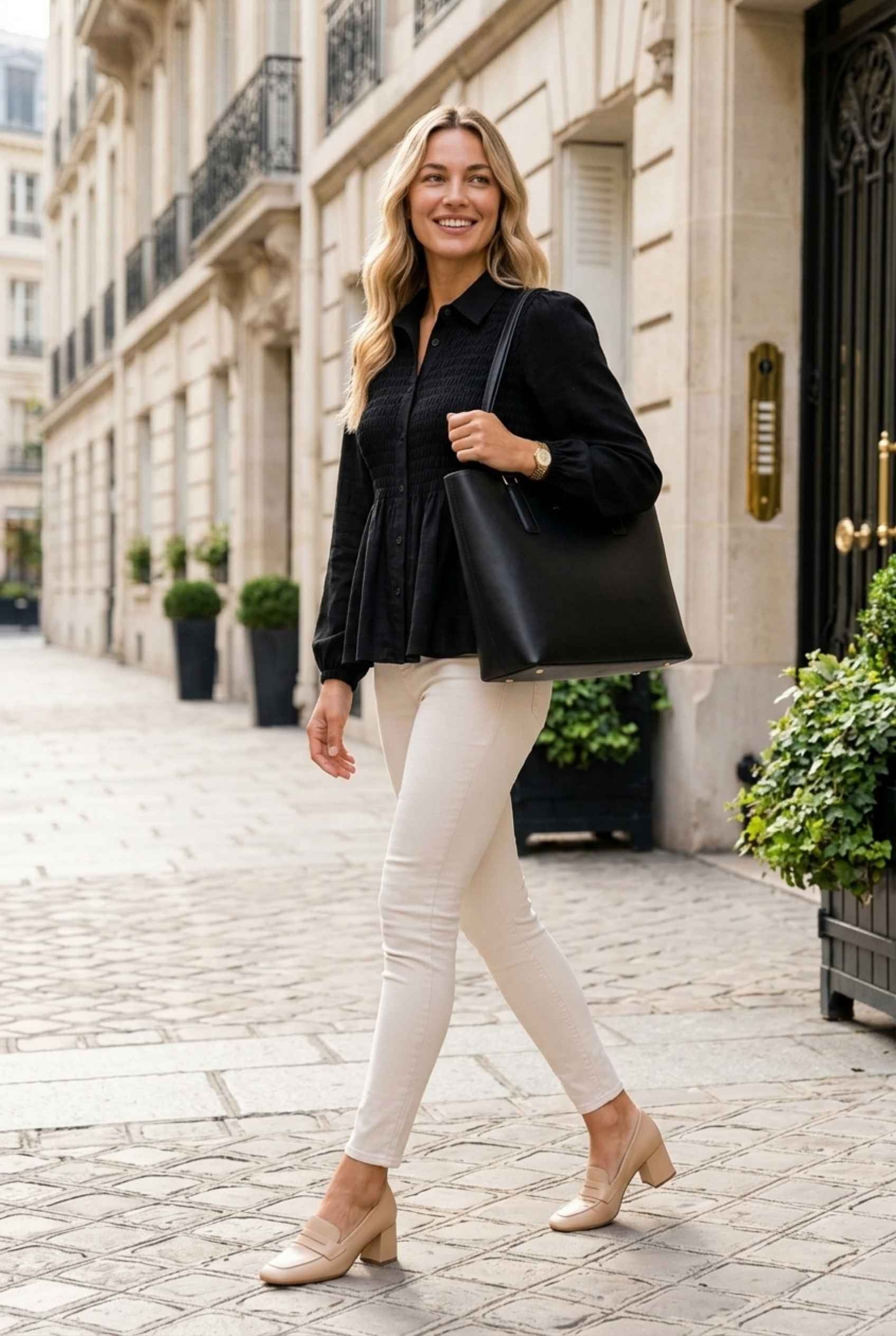 Virtual Model wearing The Sutton Peplum Blouse Black Smocked Button-Down Top