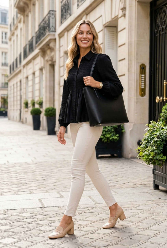 Virtual Model wearing The Sutton Peplum Blouse Black Smocked Button-Down Top