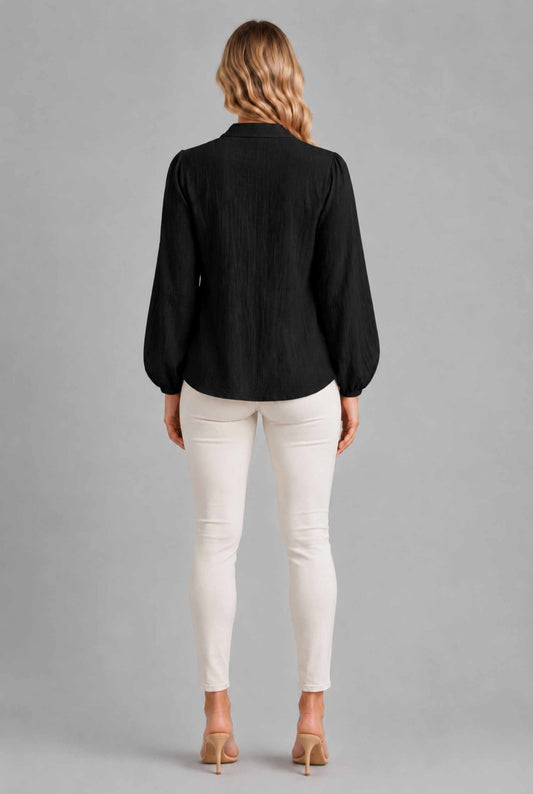 Virtual Model wearing The Sutton Peplum Blouse Black Smocked Button-Down Top