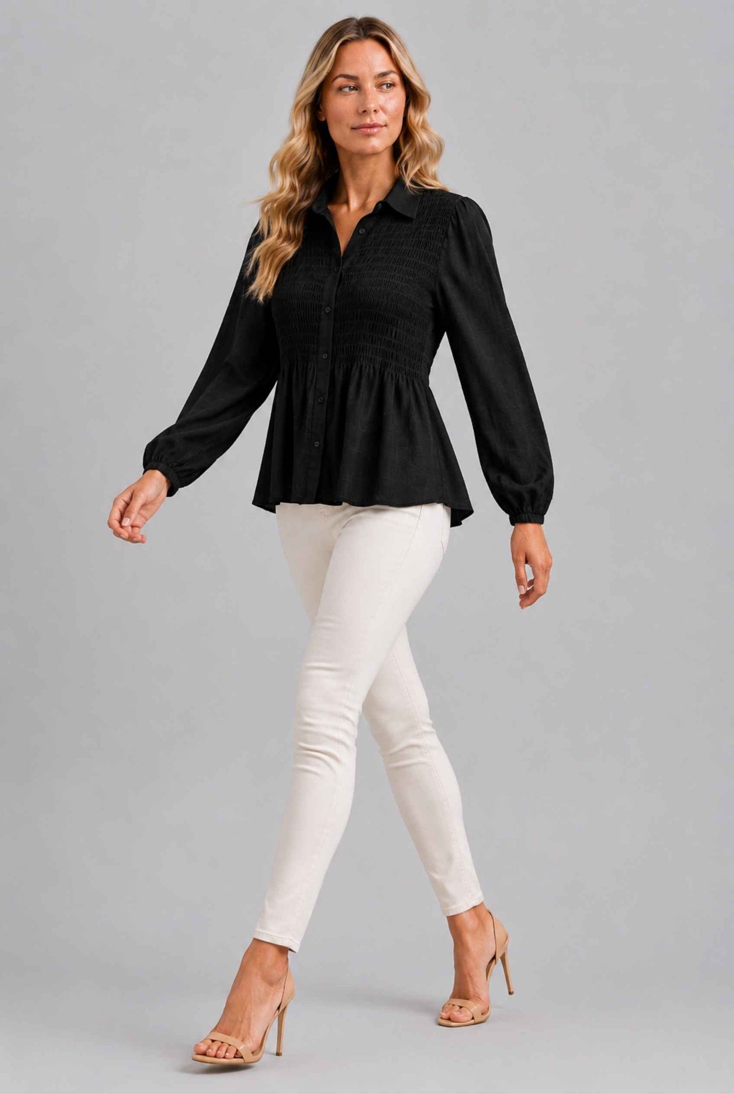 Virtual Model wearing The Sutton Peplum Blouse Black Smocked Button-Down Top