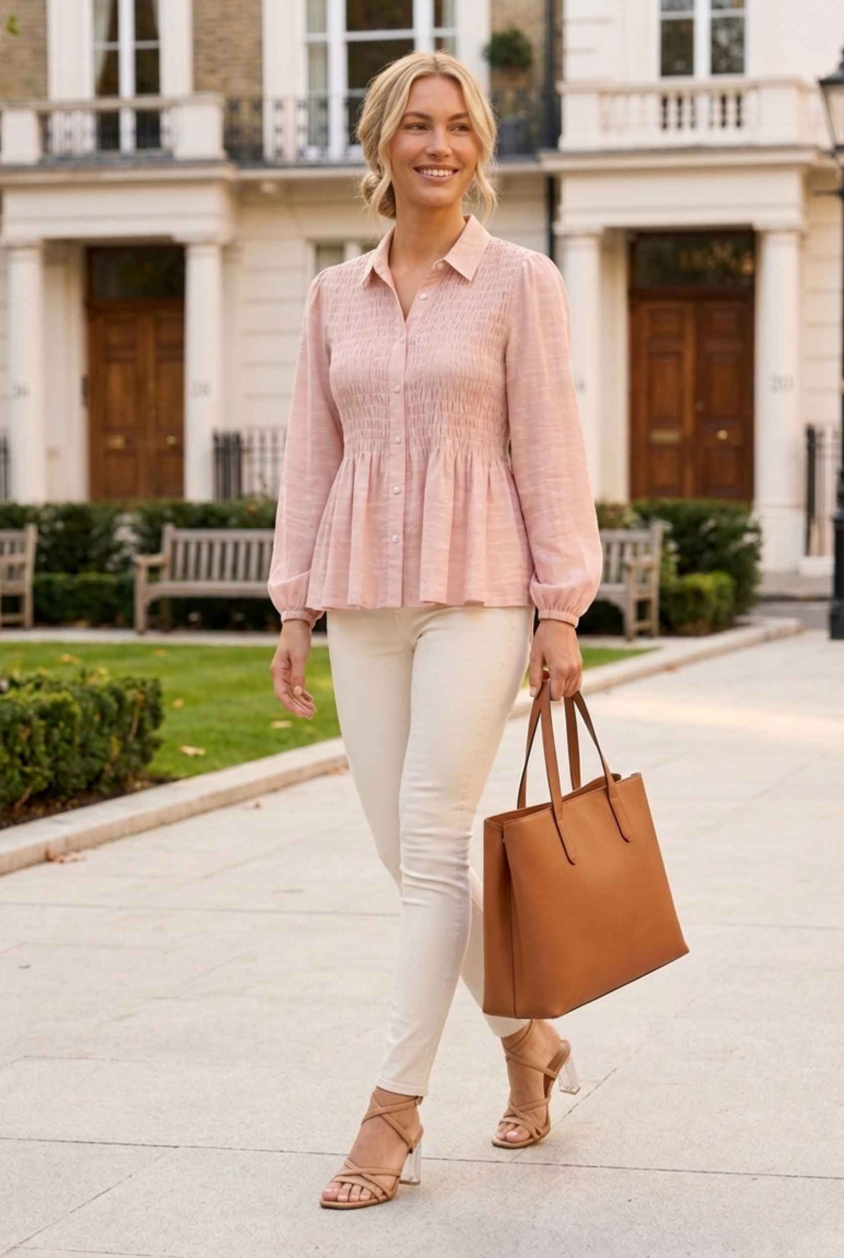 Virtual Model wearing The Sutton Peplum Blouse Blush Pink Smocked Button-Down Top