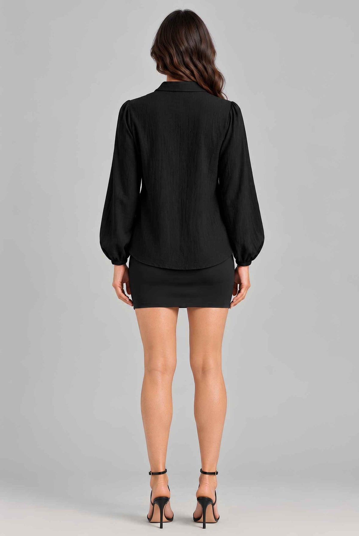 Virtual model wearing The Sutton Peplum Blouse Smocked Collar Button-Down Peplum Blouse Black