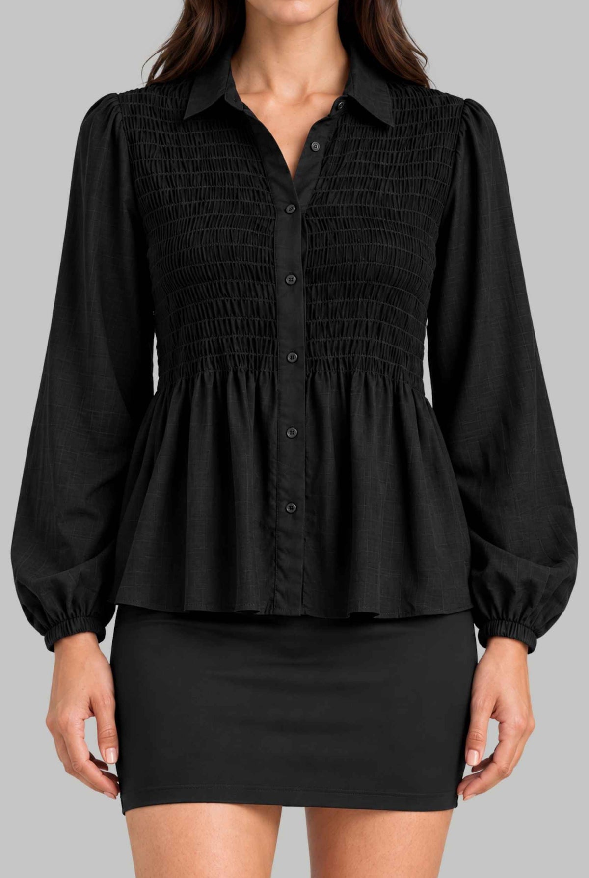 Virtual model wearing The Sutton Peplum Blouse Smocked Collar Button-Down Peplum Blouse Black