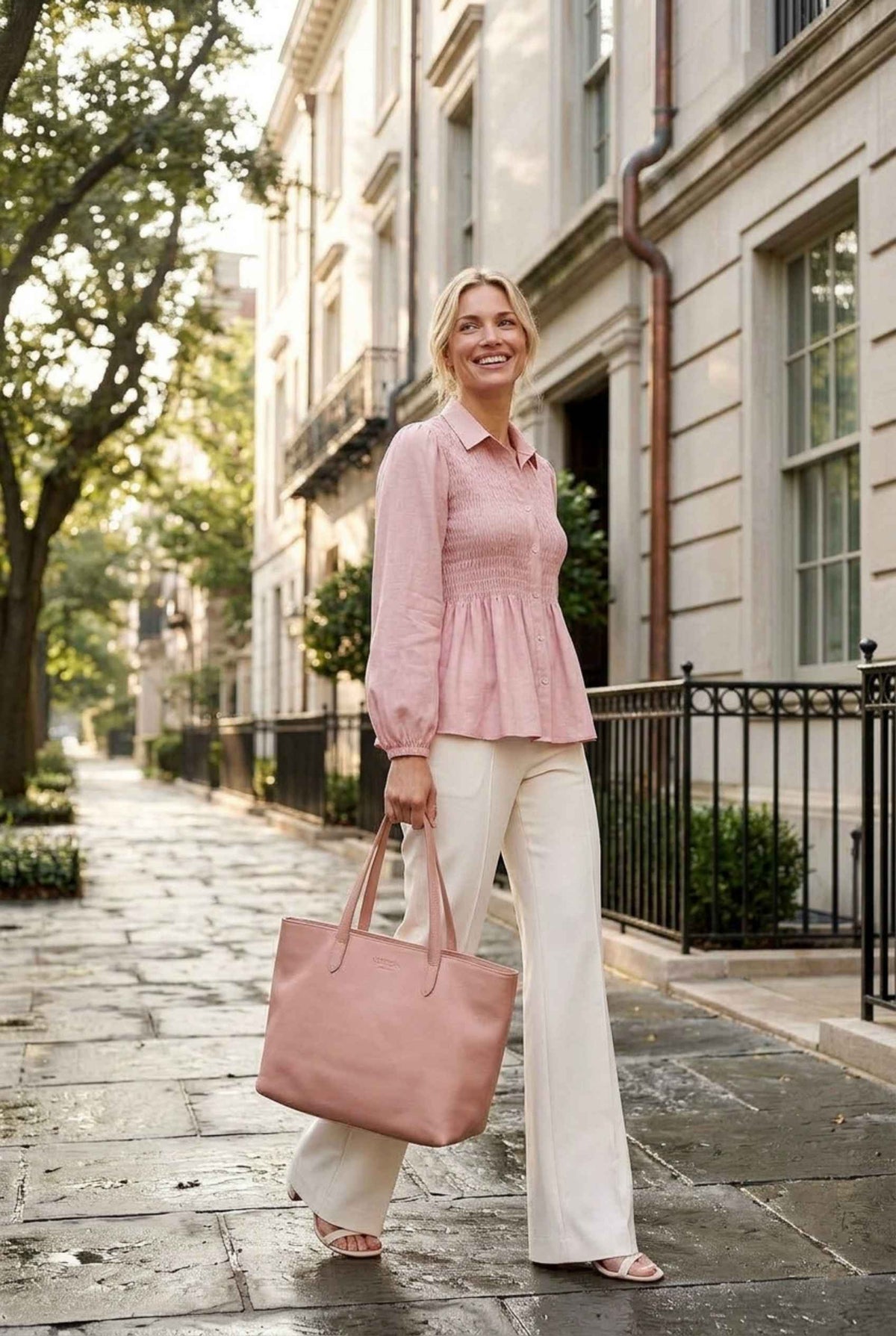 Virtual model wearing The Sutton Peplum Blouse Smocked Collar Button-Down Peplum Blouse Blush Pink