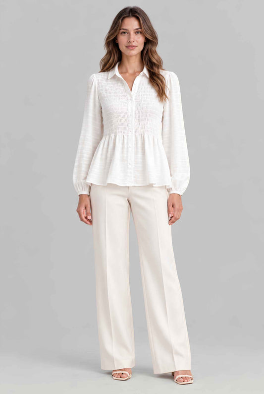 Virtual model wearing The Sutton Peplum Blouse Smocked Collar Button-Down Peplum Blouse White