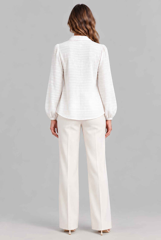 Virtual model wearing The Sutton Peplum Blouse Smocked Collar Button-Down Peplum Blouse White