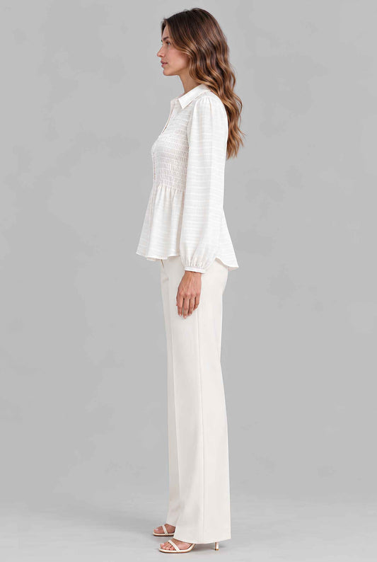 Virtual model wearing The Sutton Peplum Blouse Smocked Collar Button-Down Peplum Blouse White
