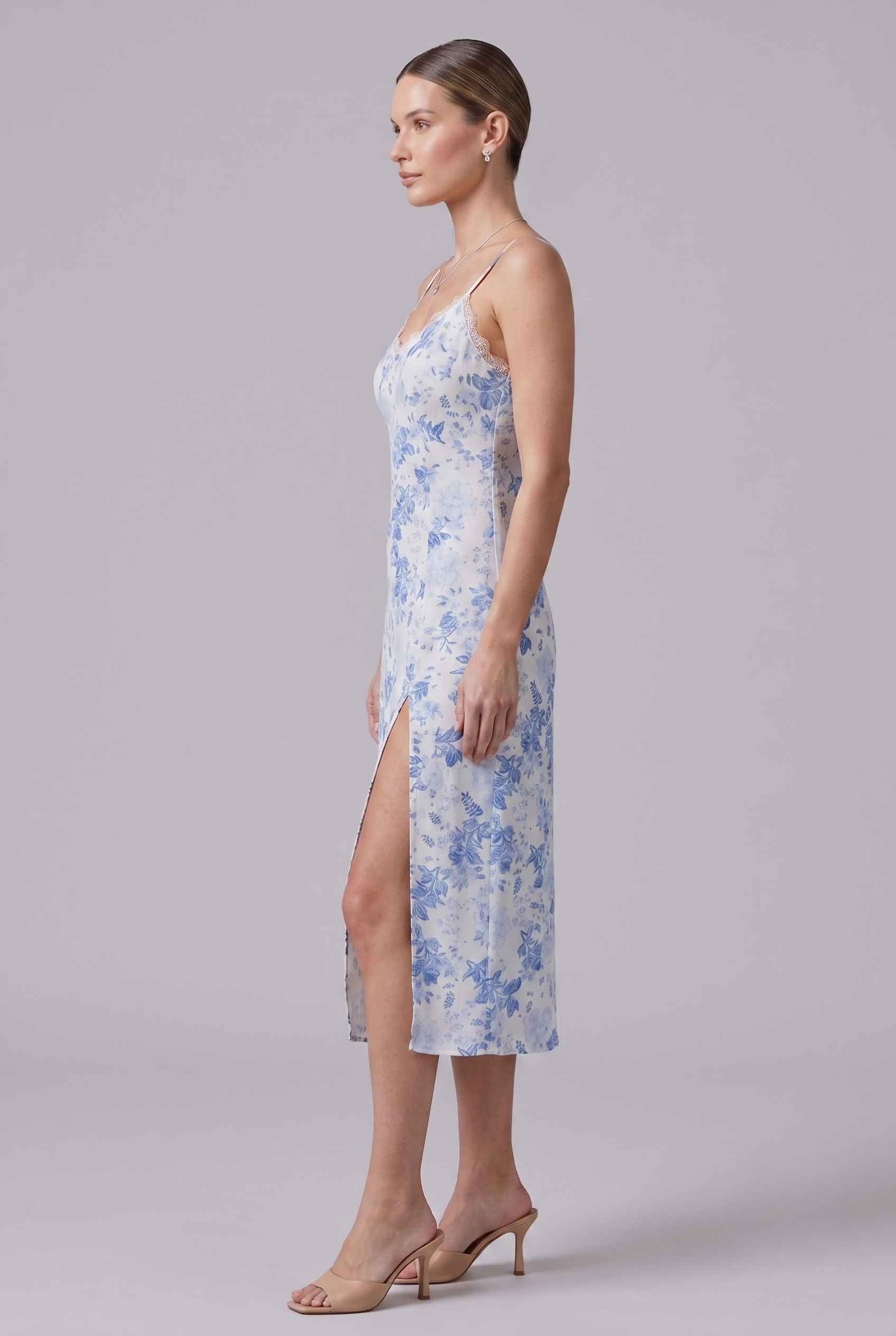 Virtual Model wearing The Thalia Floral Slip Midi Lace Trim Floral Blue Midi Dress