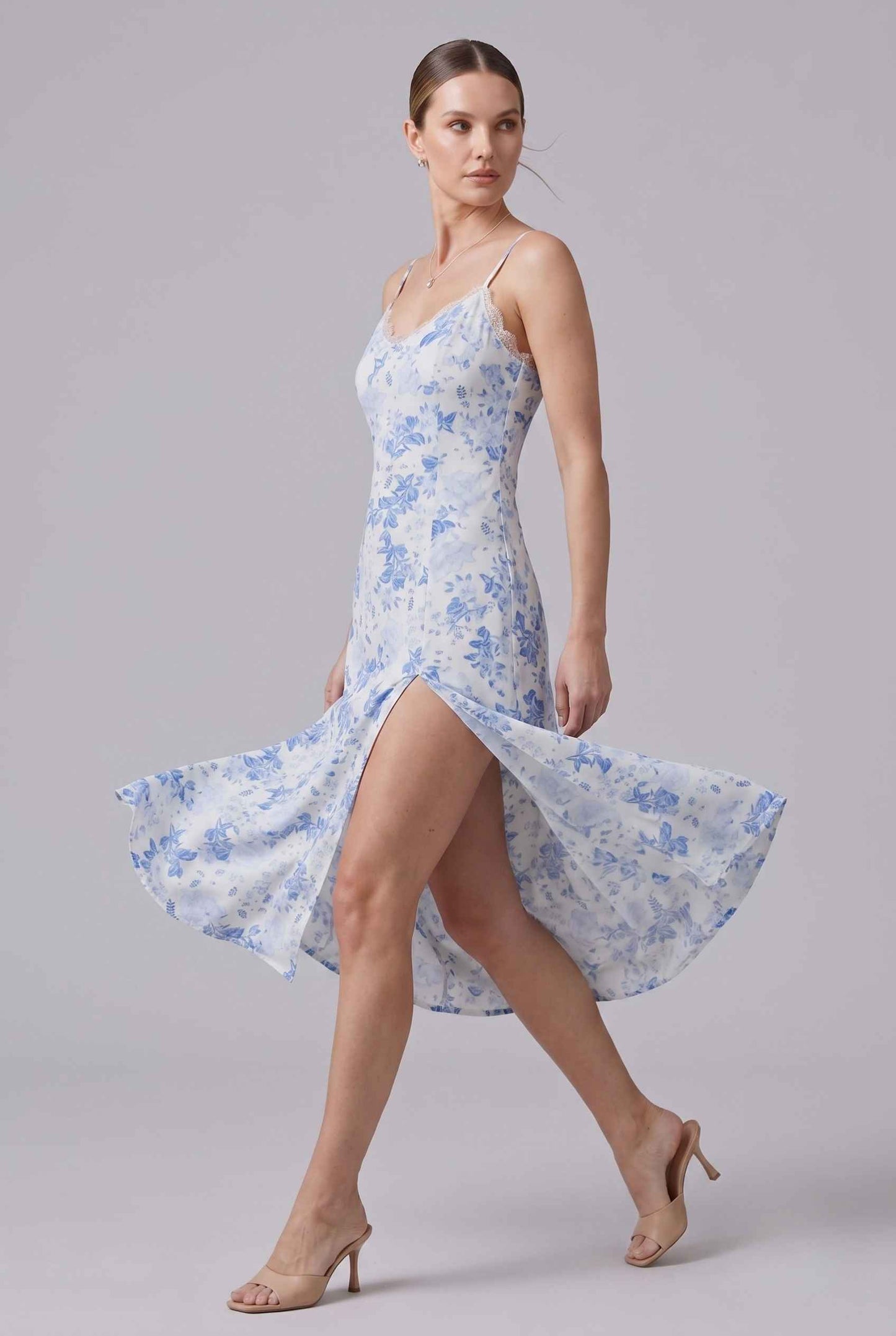 Virtual Model wearing The Thalia Floral Slip Midi Lace Trim Floral Blue Midi Dress