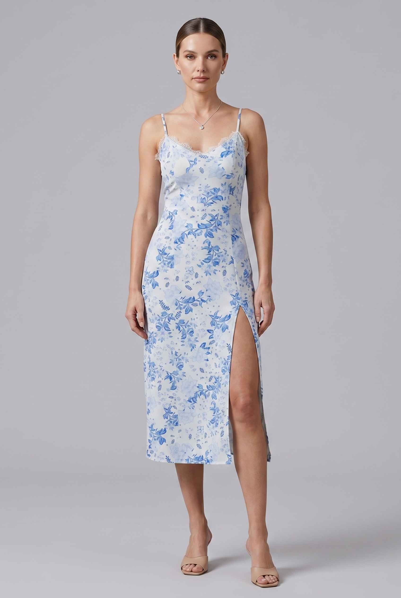 Virtual Model wearing The Thalia Floral Slip Midi Lace Trim Floral Blue Midi Dress