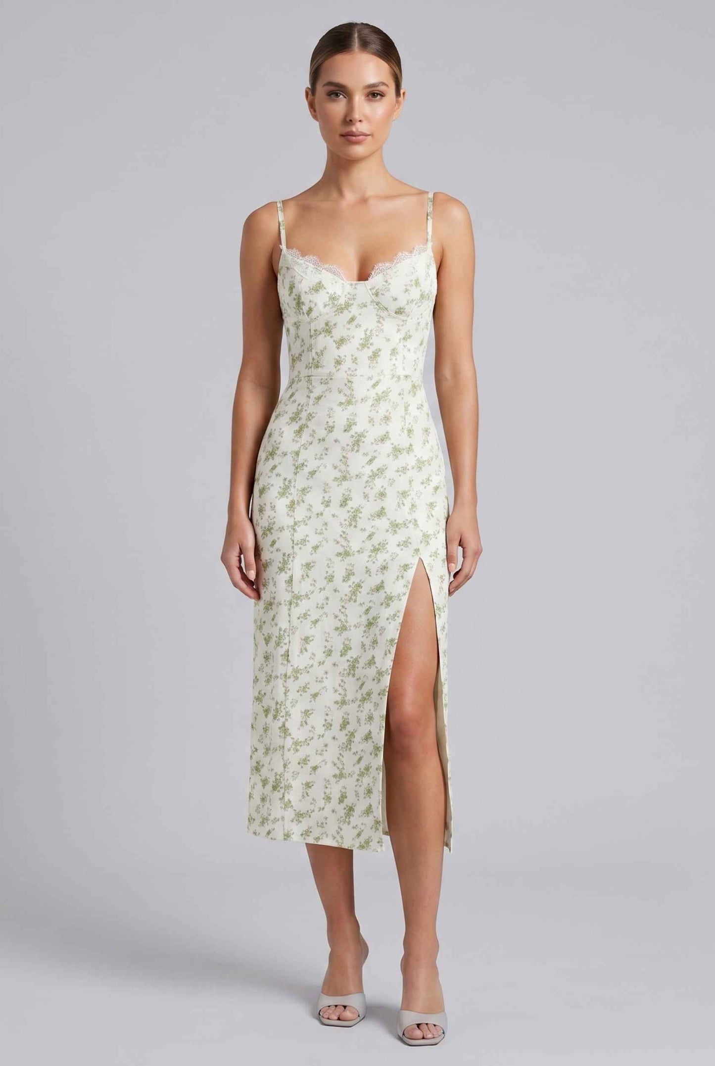 Virtual Model wearing The Thalia Floral Slip Midi Lace Trim Floral Green Midi Dress