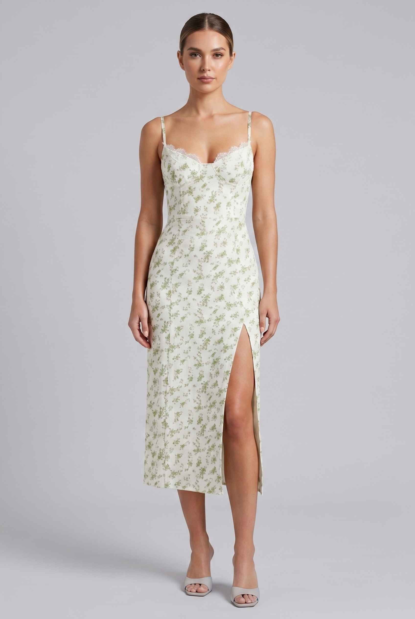 Virtual Model wearing The Thalia Floral Slip Midi Lace Trim Floral Green Midi Dress