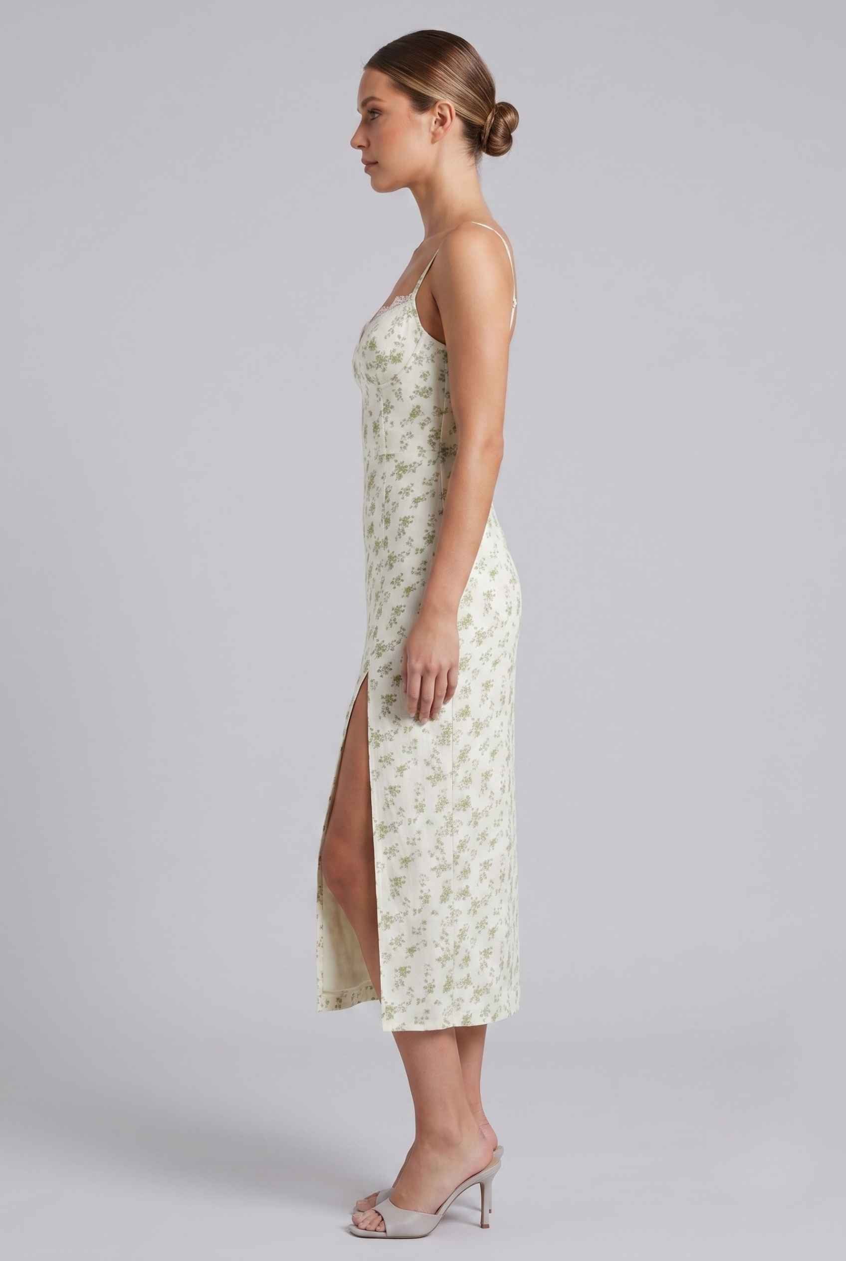 Virtual Model wearing The Thalia Floral Slip Midi Lace Trim Floral Green Midi Dress