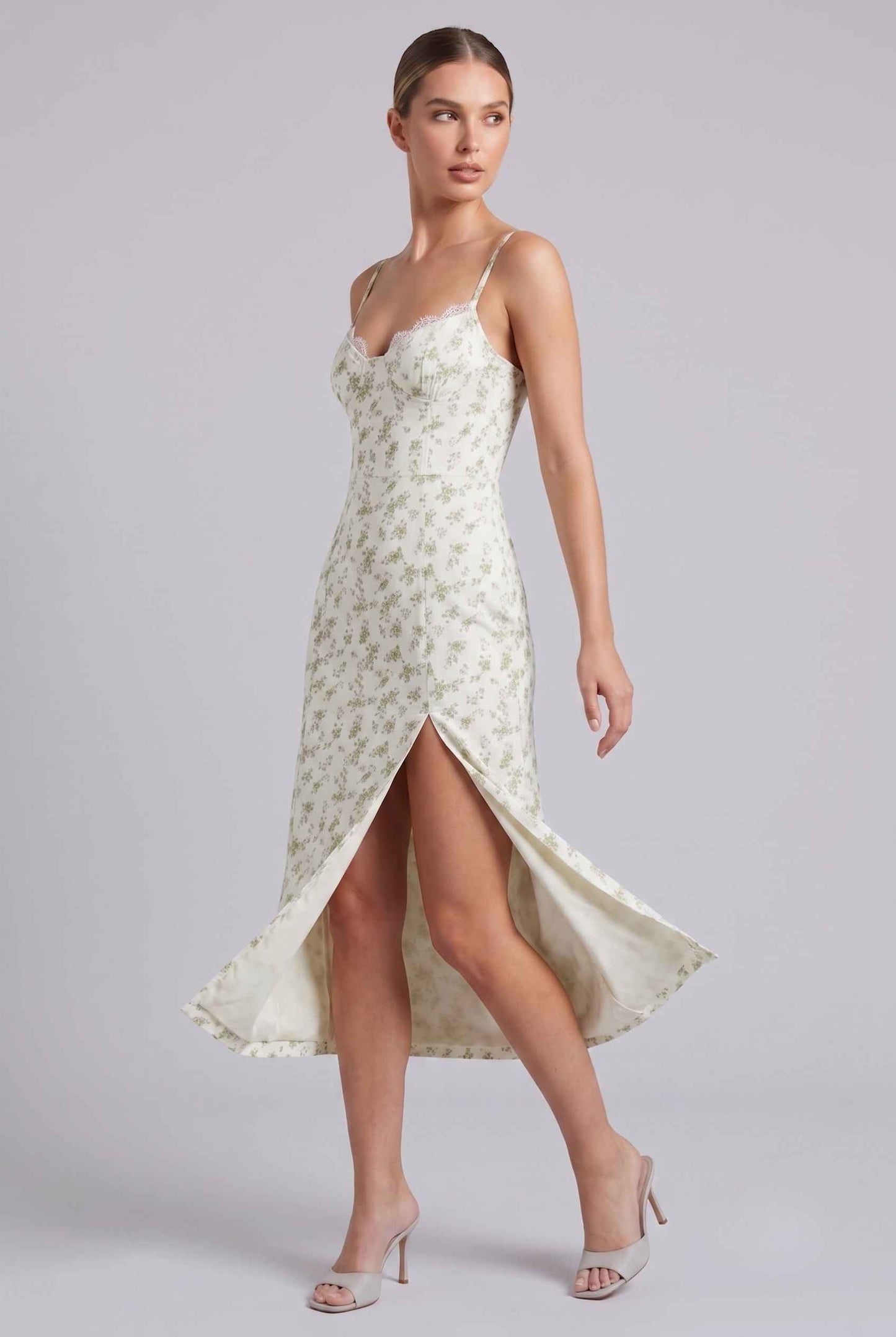 Virtual Model wearing The Thalia Floral Slip Midi Lace Trim Floral Green Midi Dress