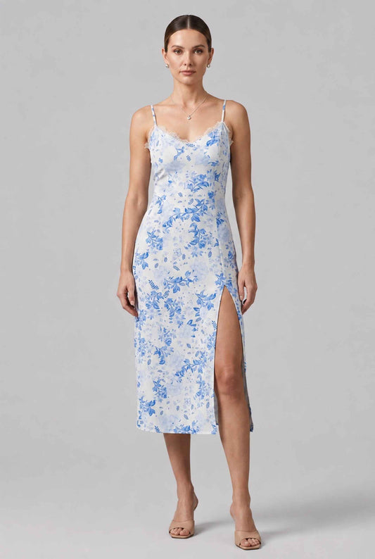 Virtual model wearing The Thalia Floral Slip Midi Lace Trim Floral Midi Dress in Blue