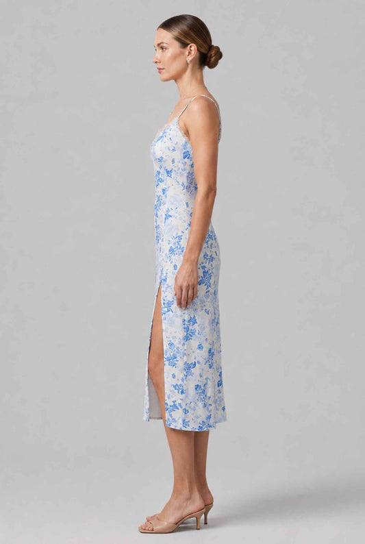 Virtual model wearing The Thalia Floral Slip Midi Lace Trim Floral Midi Dress in Blue