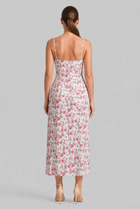 Virtual model wearing The Thalia Floral Slip Midi Lace Trim Floral Midi Dress in Pink