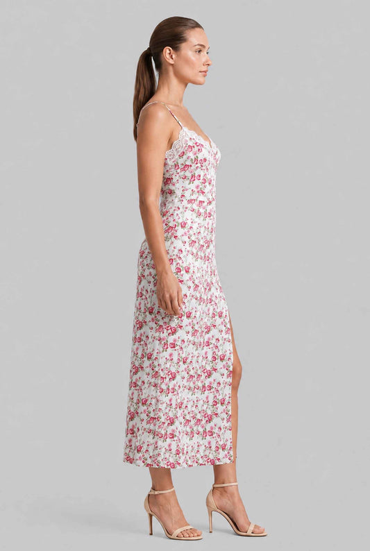Virtual model wearing The Thalia Floral Slip Midi Lace Trim Floral Midi Dress in Pink
