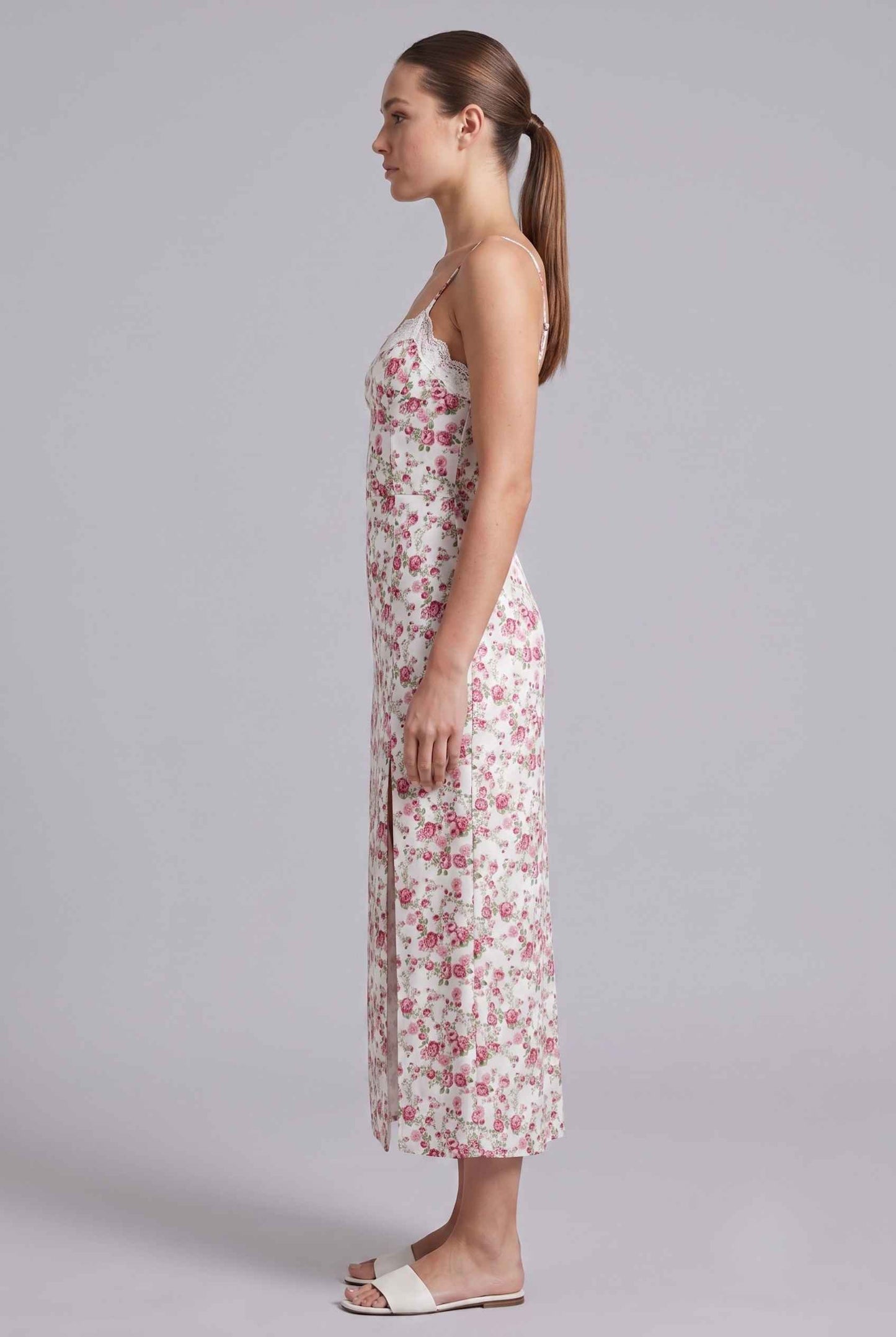 Virtual Model wearing The Thalia Floral Slip Midi Lace Trim Floral Pink Midi Dress