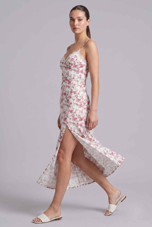 Virtual Model wearing The Thalia Floral Slip Midi Lace Trim Floral Pink Midi Dress