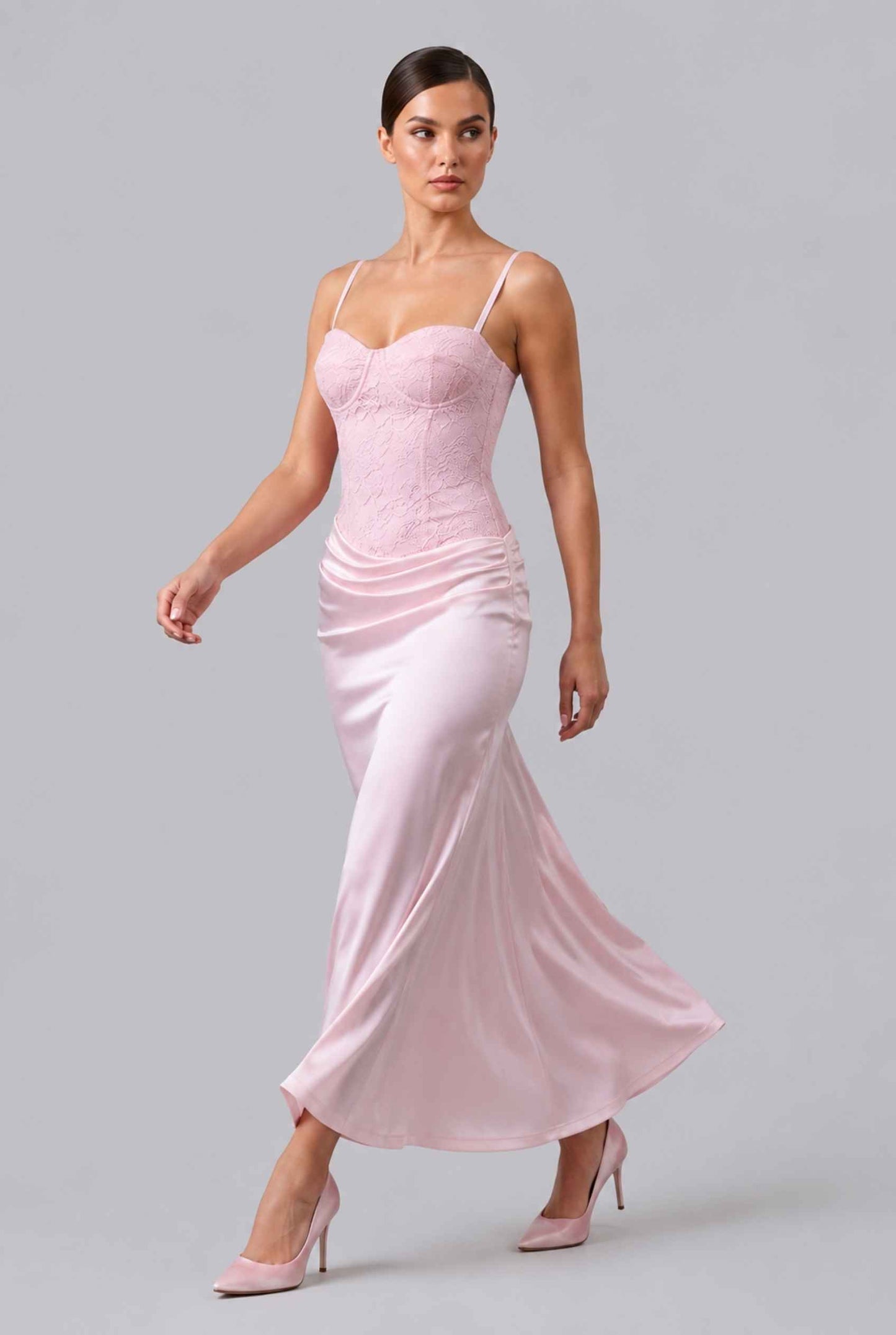 Virtual Model wearing The Valencia Lace Dress Corset Satin Pink Skirt Gown