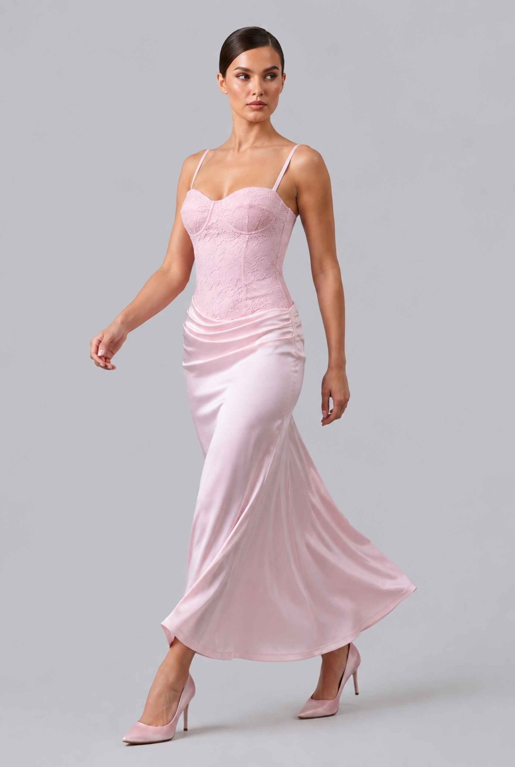 Virtual Model wearing The Valencia Lace Dress Corset Satin Pink Skirt Gown