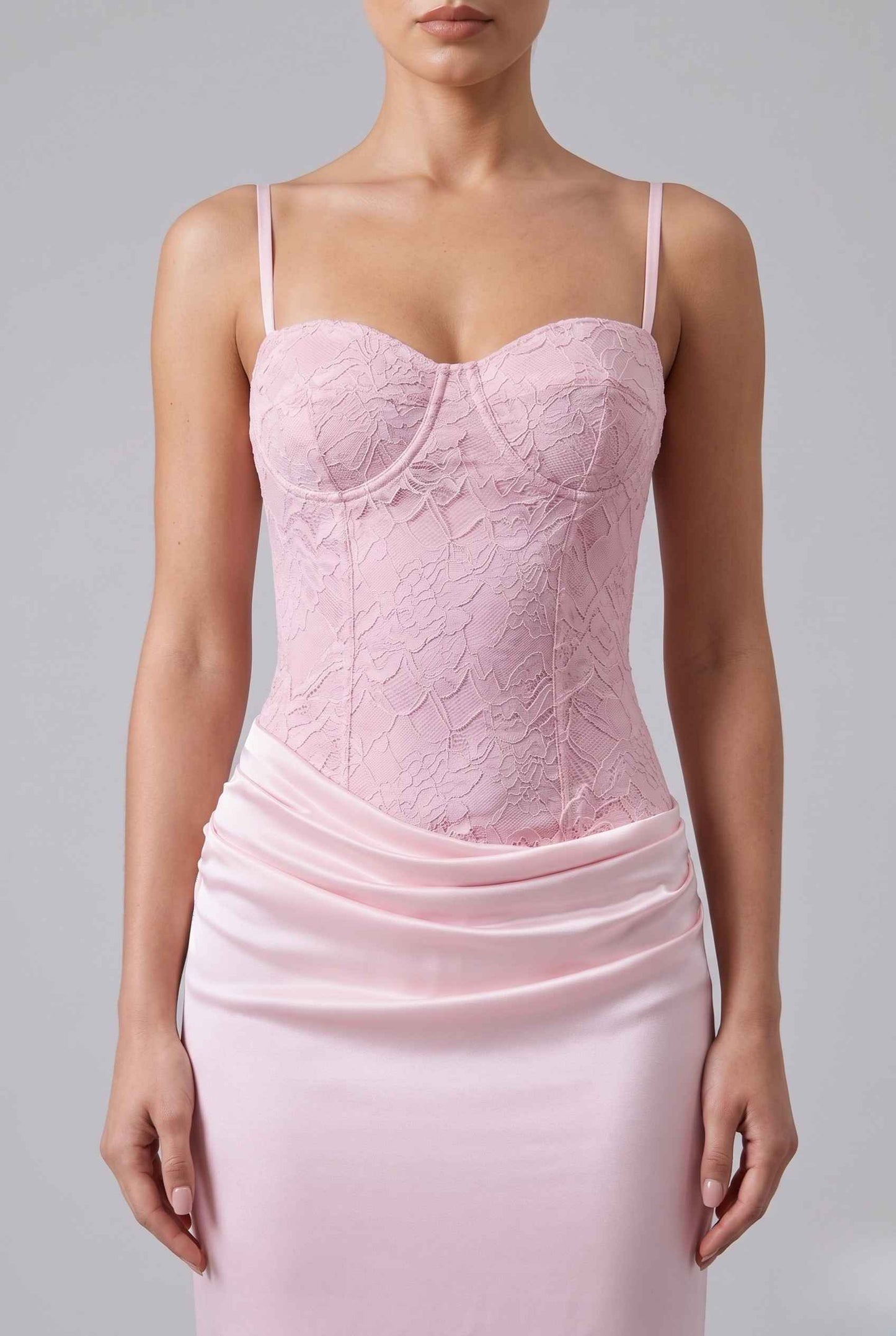 Virtual Model wearing The Valencia Lace Dress Corset Satin Pink Skirt Gown