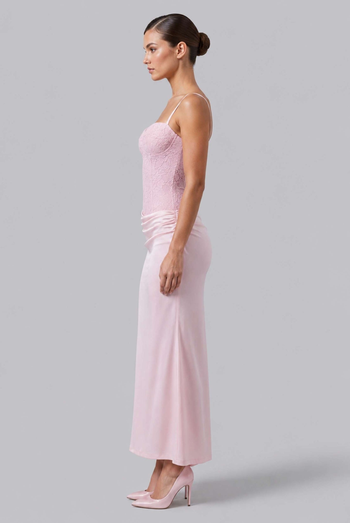 Virtual Model wearing The Valencia Lace Dress Corset Satin Pink Skirt Gown