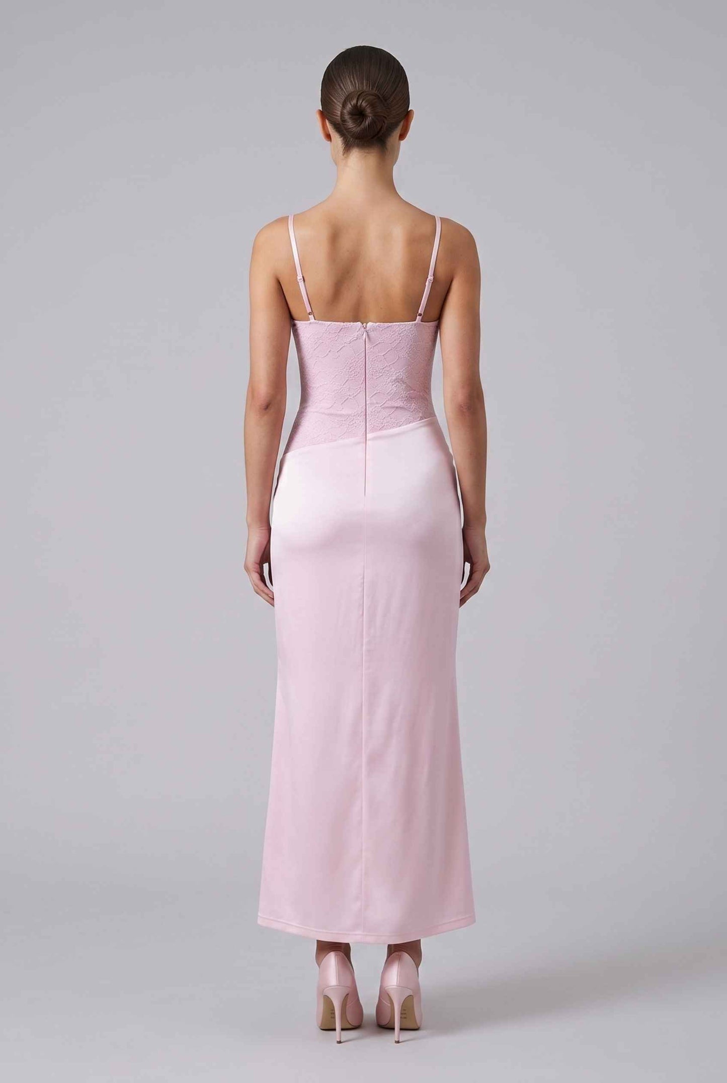 Virtual Model wearing The Valencia Lace Dress Corset Satin Pink Skirt Gown