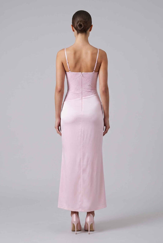 Virtual Model wearing The Valencia Lace Dress Corset Satin Pink Skirt Gown