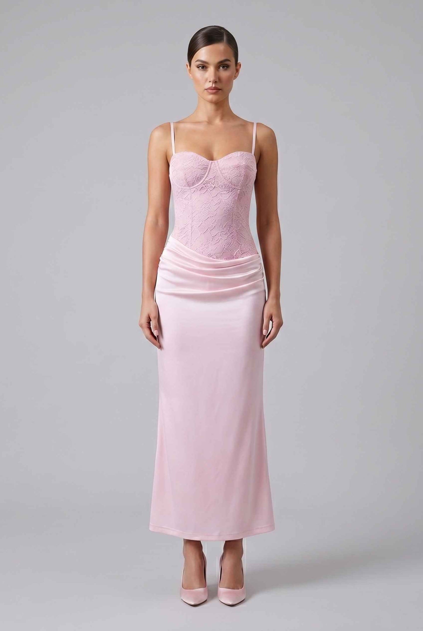 Virtual Model wearing The Valencia Lace Dress Corset Satin Pink Skirt Gown