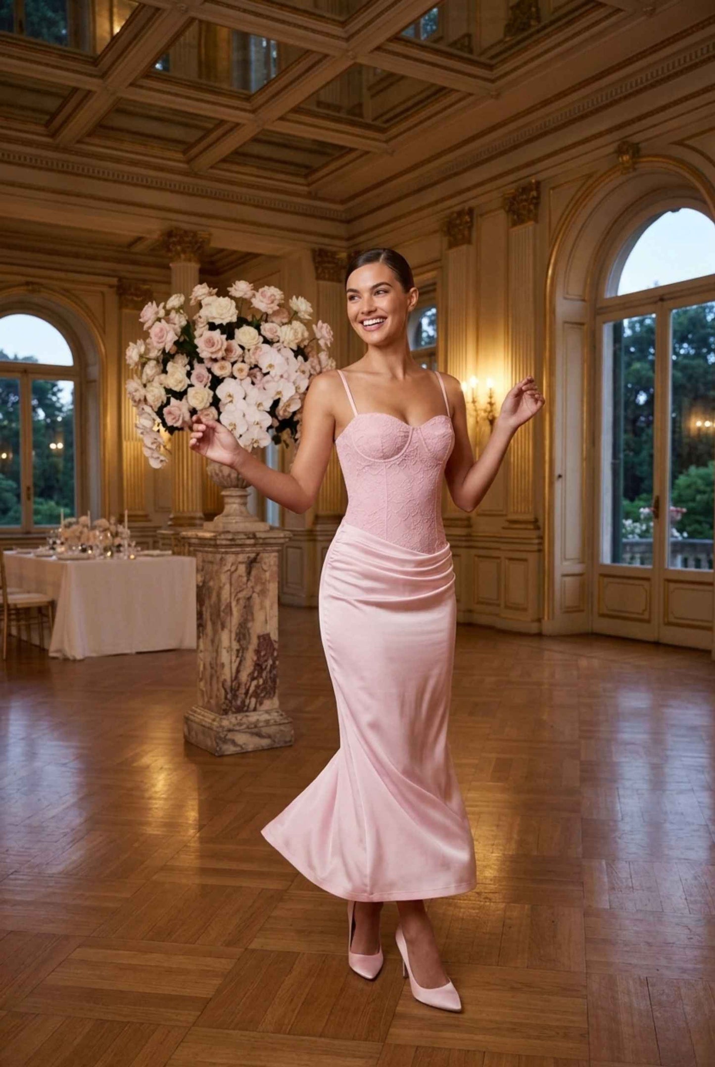 Virtual Model wearing The Valencia Lace Dress Corset Satin Pink Skirt Gown