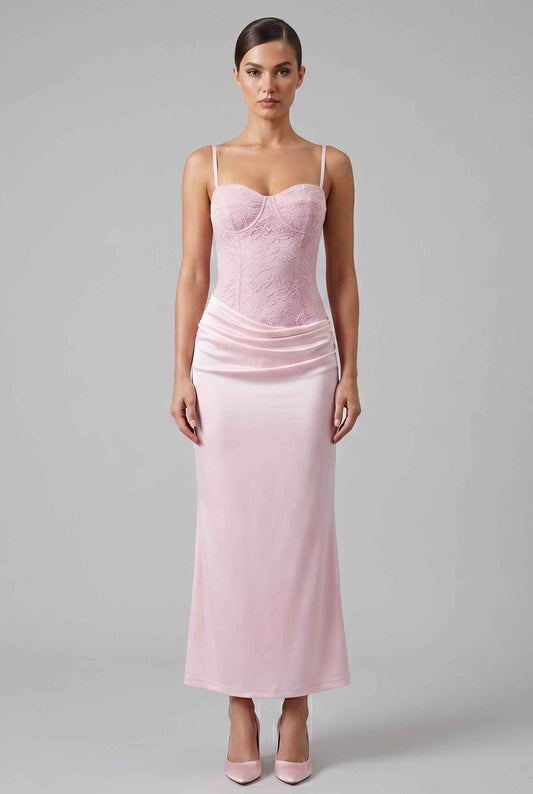 Virtual model wearing The Valencia Lace Dress Pink Lace Corset Satin Skirt Gown