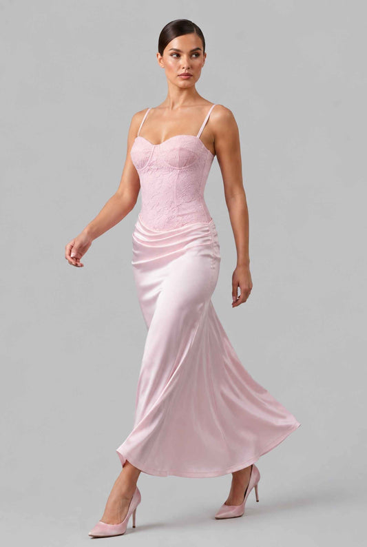 Virtual model wearing The Valencia Lace Dress Pink Lace Corset Satin Skirt Gown