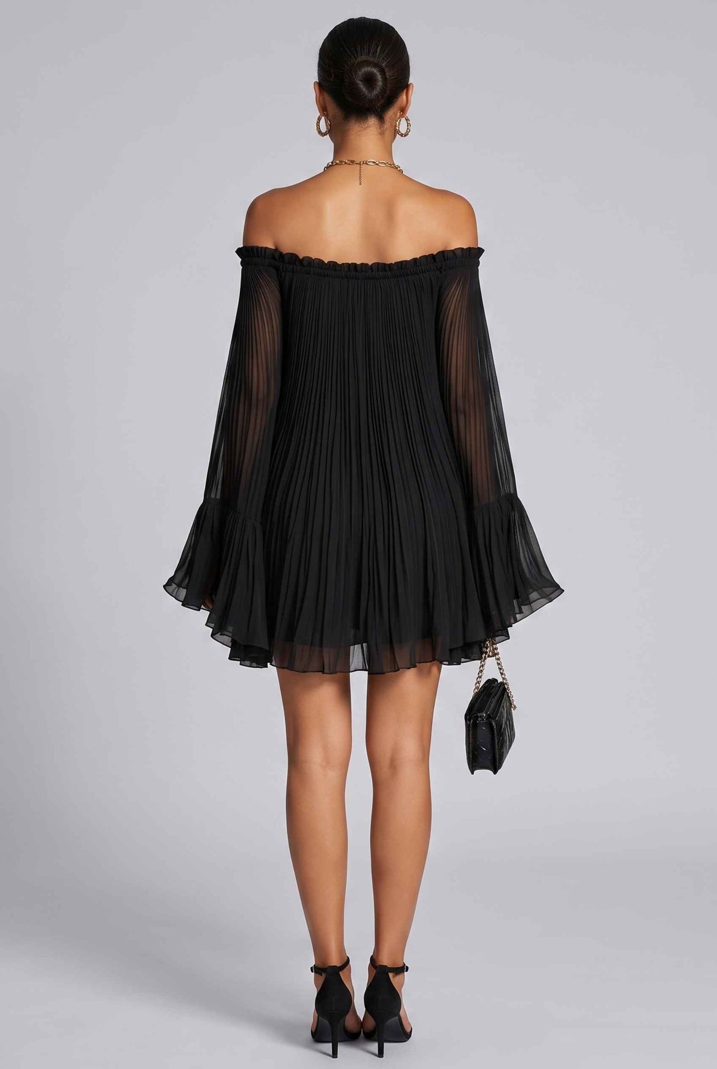 Virtual Model wearing The Valentina Chiffon Dress Pleated Off-Shoulder Bell-Sleeve Black Dress