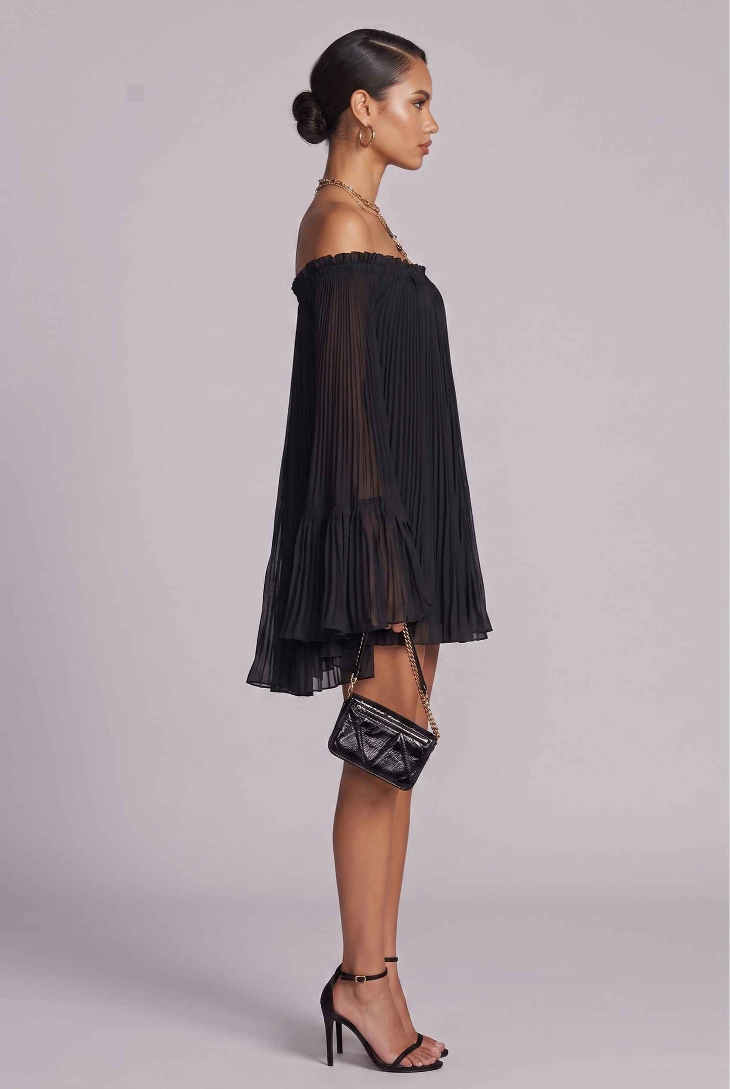 Virtual Model wearing The Valentina Chiffon Dress Pleated Off-Shoulder Bell-Sleeve Black Dress