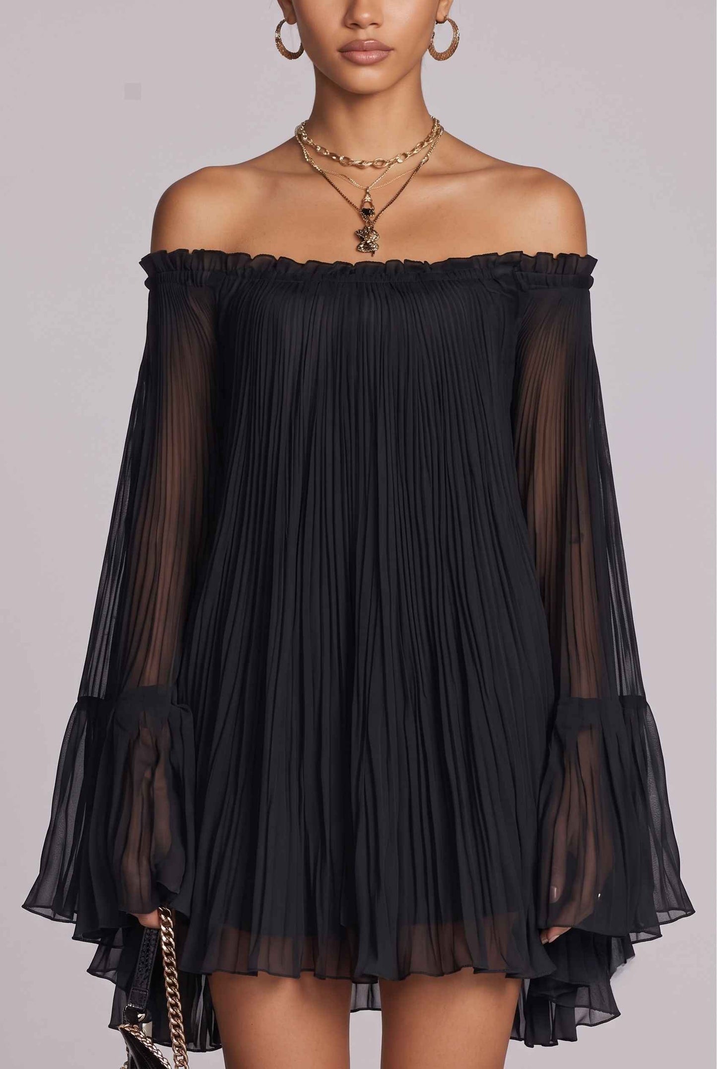 Virtual Model wearing The Valentina Chiffon Dress Pleated Off-Shoulder Bell-Sleeve Black Dress