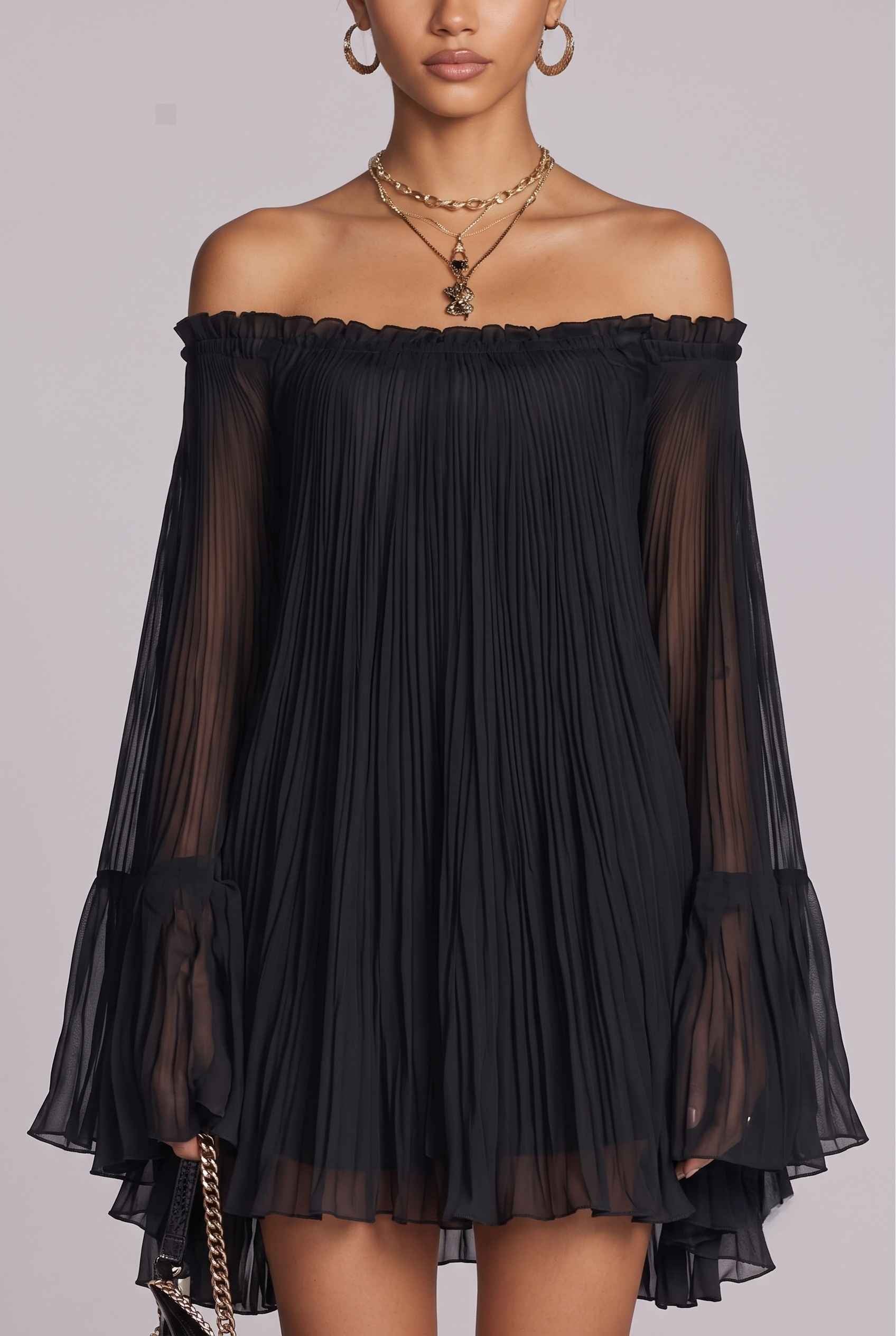 Virtual Model wearing The Valentina Chiffon Dress Pleated Off-Shoulder Bell-Sleeve Black Dress