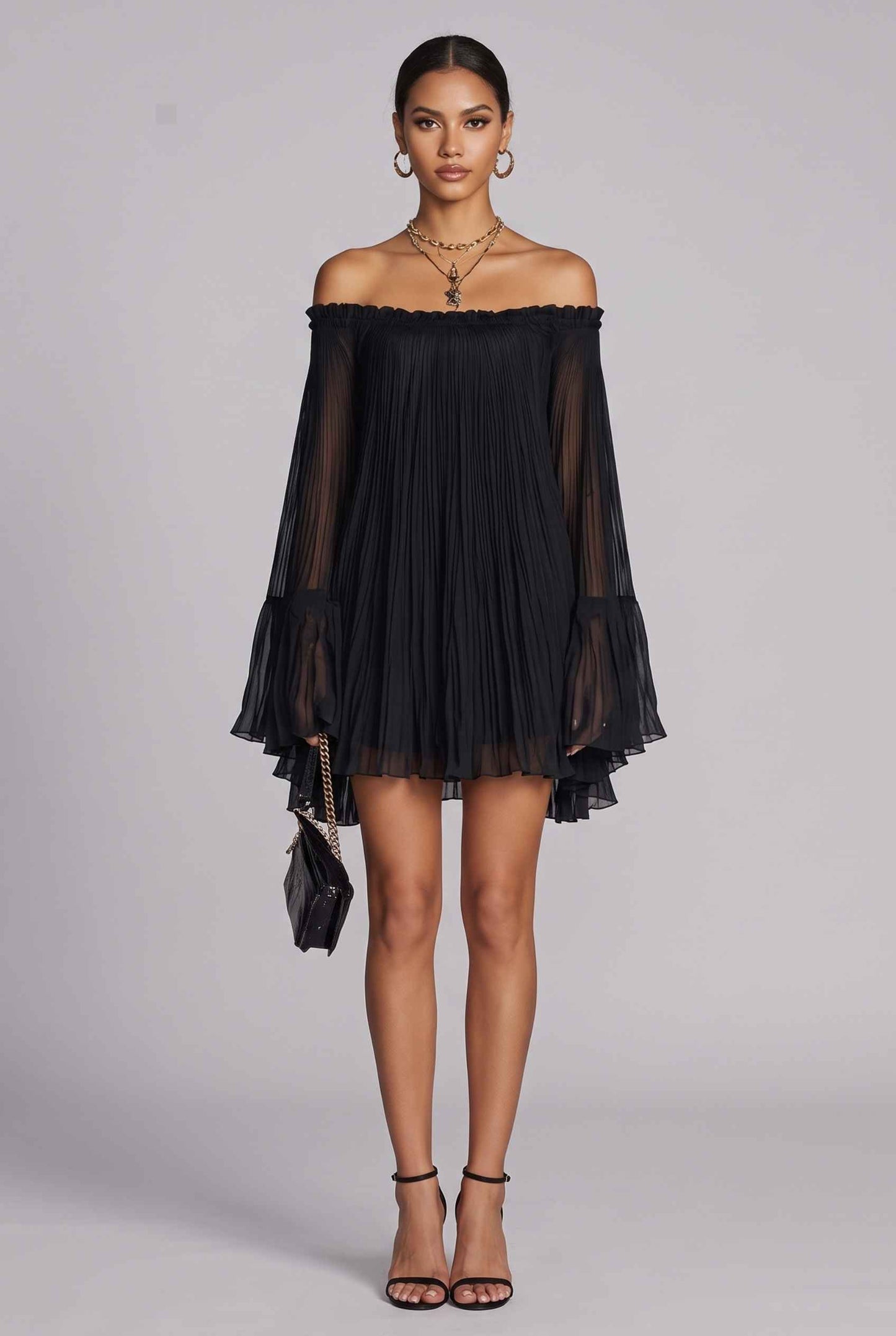 Virtual Model wearing The Valentina Chiffon Dress Pleated Off-Shoulder Bell-Sleeve Black Dress